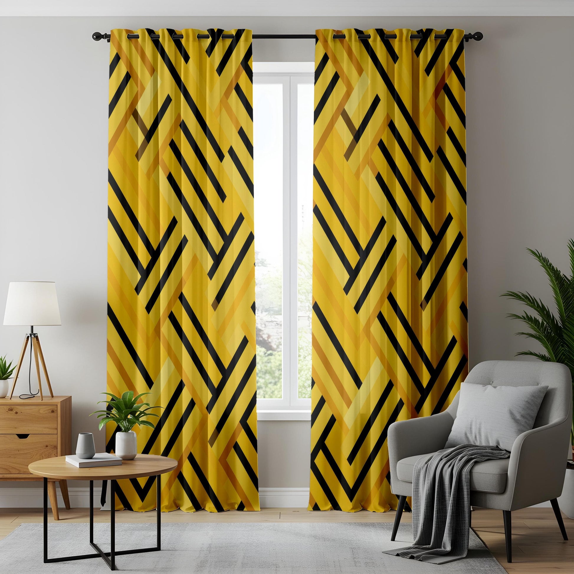 Onay Geometric Curtains – Abstract Yellow Line Pattern Drapes