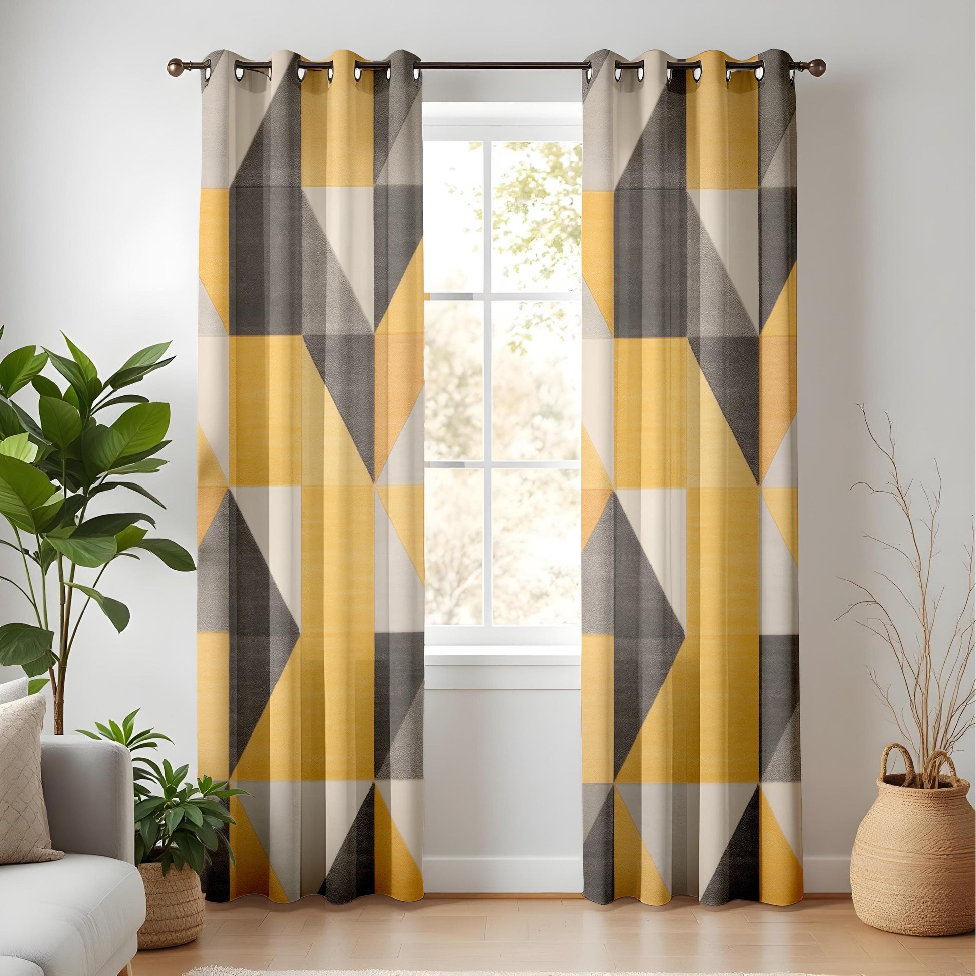 Onay Geometric Yellow and Gray Curtains – Modern Bold Pattern Drapes for Chic Interiors