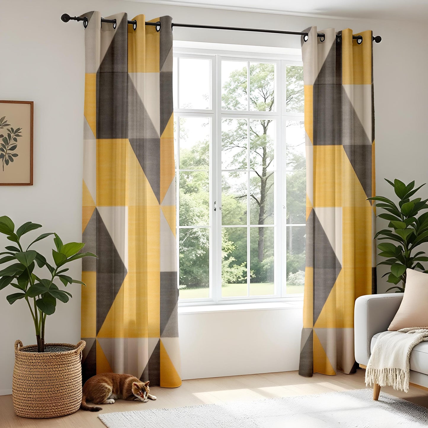 Onay Geometric Yellow and Gray Curtains – Modern Bold Pattern Drapes for Chic Interiors