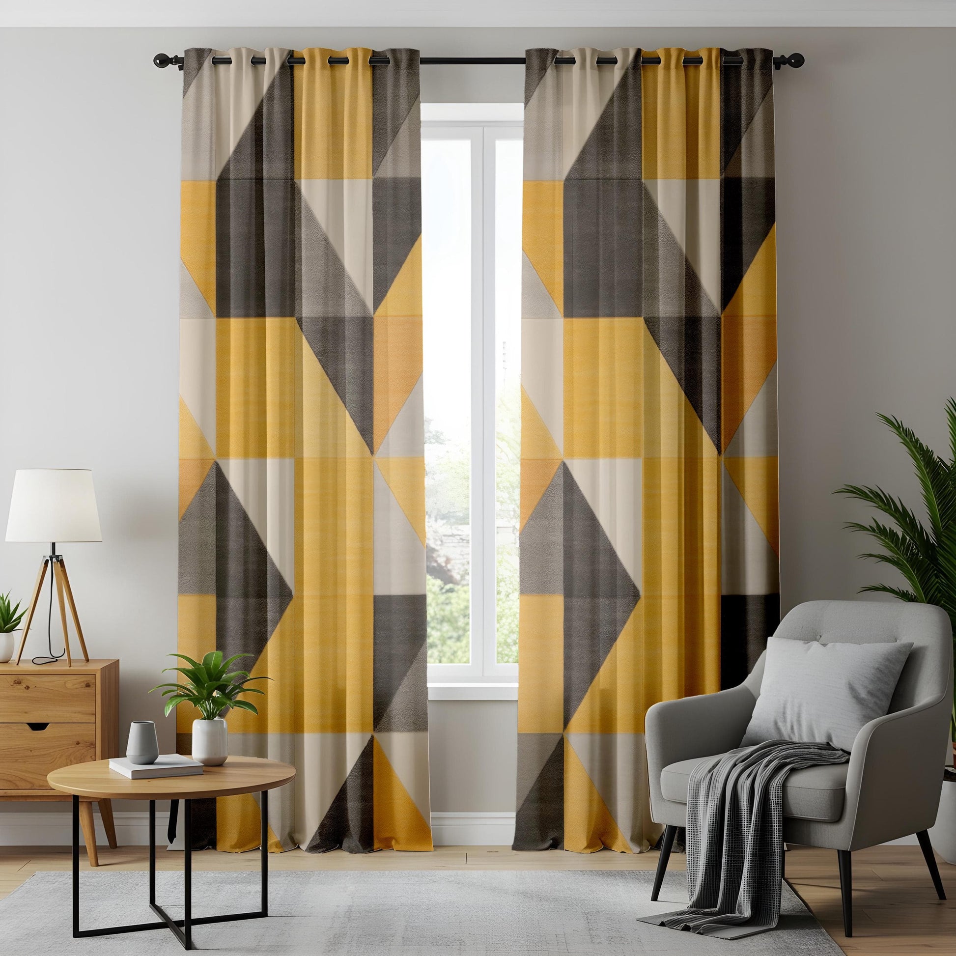 Onay Geometric Yellow and Gray Curtains – Modern Bold Pattern Drapes for Chic Interiors