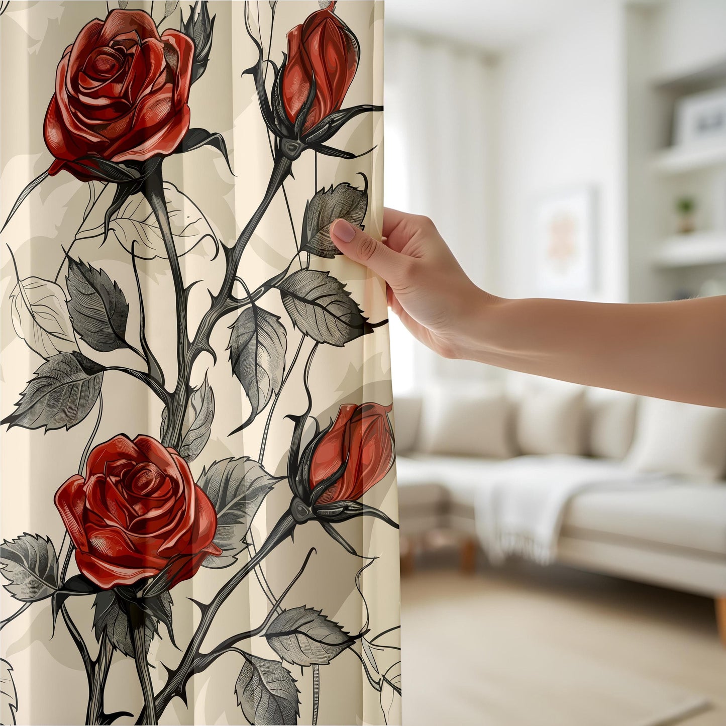 Onay Gothic Red Rose Curtains – Dark Romantic Tattoo-Inspired Drapes