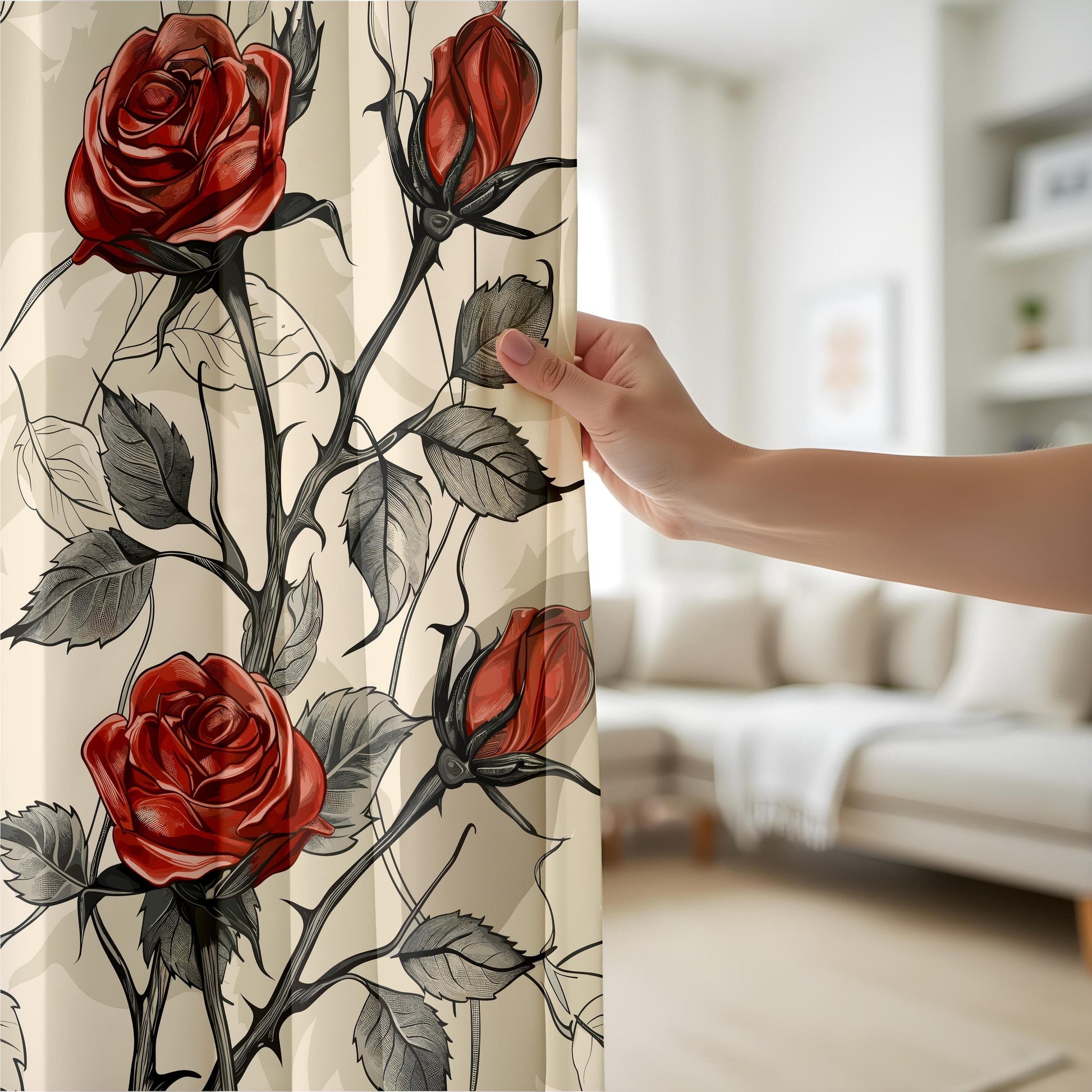 Onay Gothic Red Rose Curtains – Dark Romantic Tattoo-Inspired Drapes