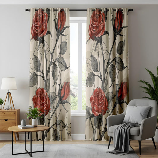 Onay Gothic Red Rose Curtains – Dark Romantic Tattoo-Inspired Drapes