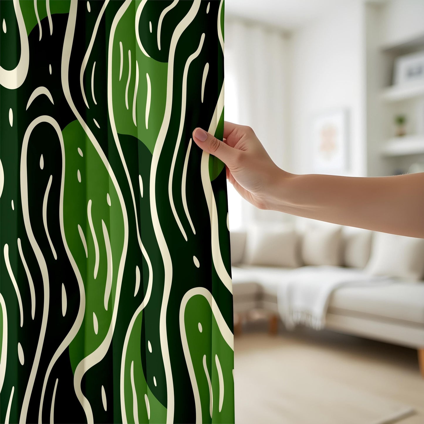 Onay Green Abstract Living Room Curtains, Modern Wavy Pattern Drapes