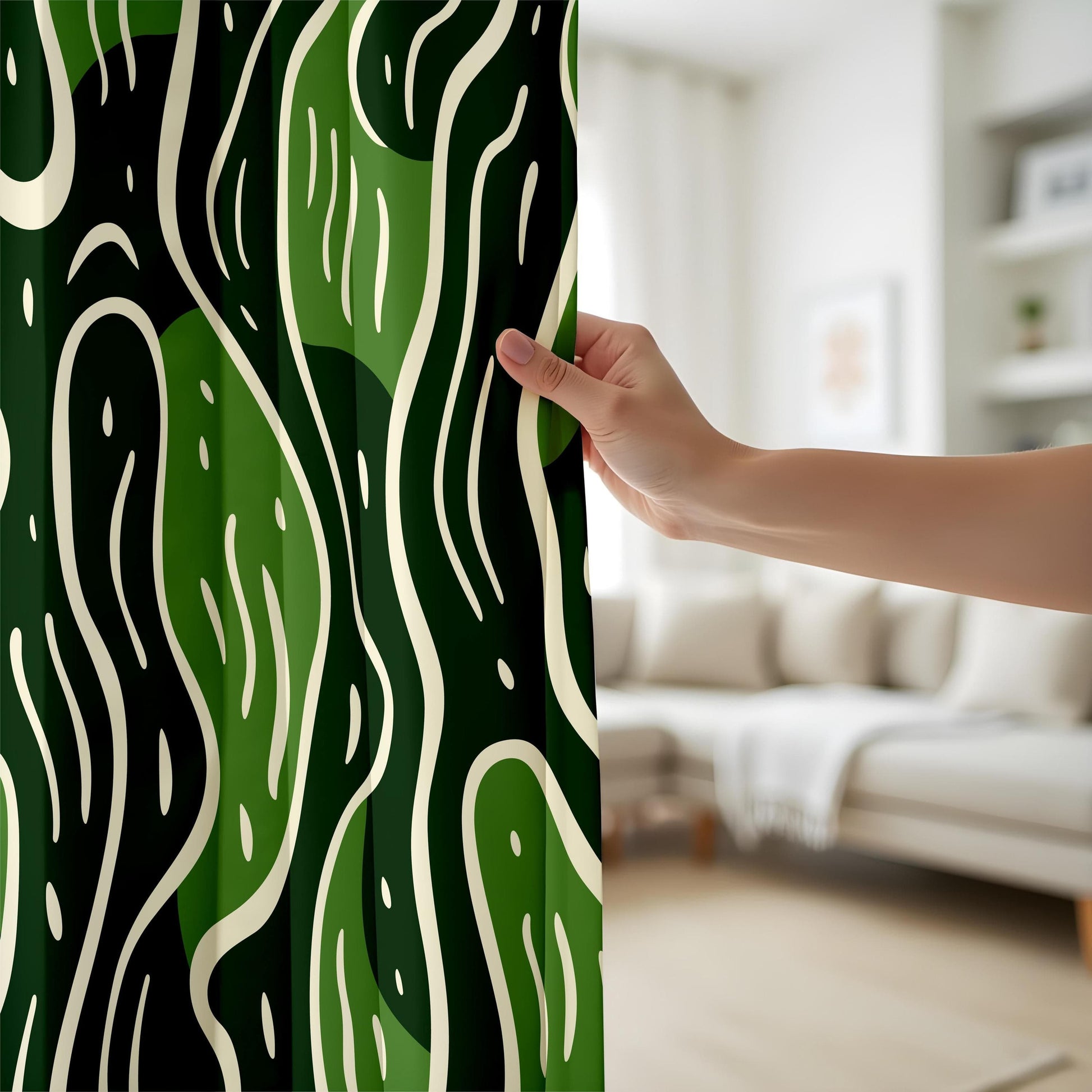 Onay Green Abstract Living Room Curtains, Modern Wavy Pattern Drapes