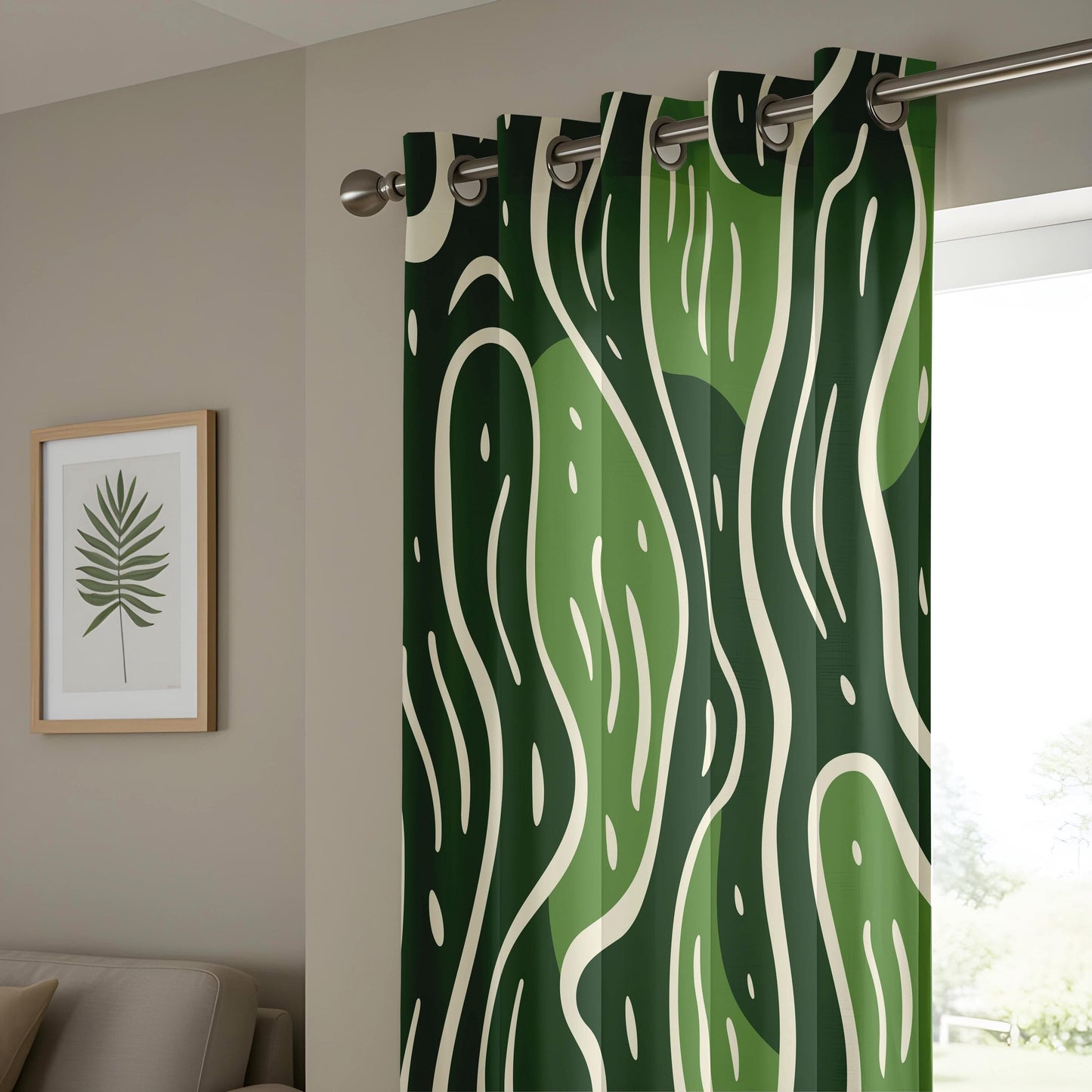 Onay Green Abstract Living Room Curtains, Modern Wavy Pattern Drapes