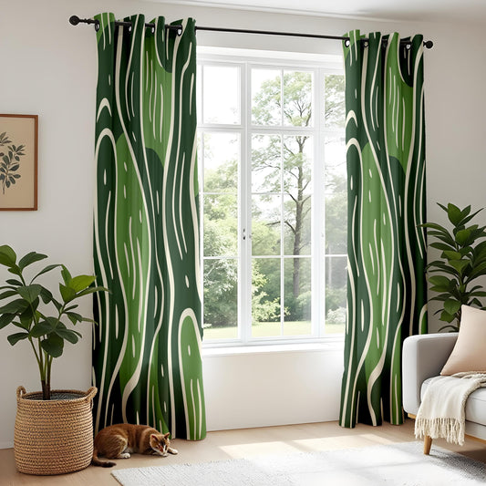 Onay Green Abstract Living Room Curtains, Modern Wavy Pattern Drapes