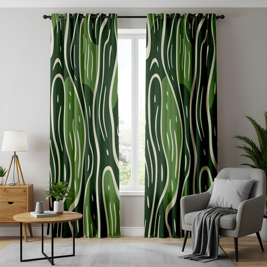 Onay Green Abstract Living Room Curtains, Modern Wavy Pattern Drapes