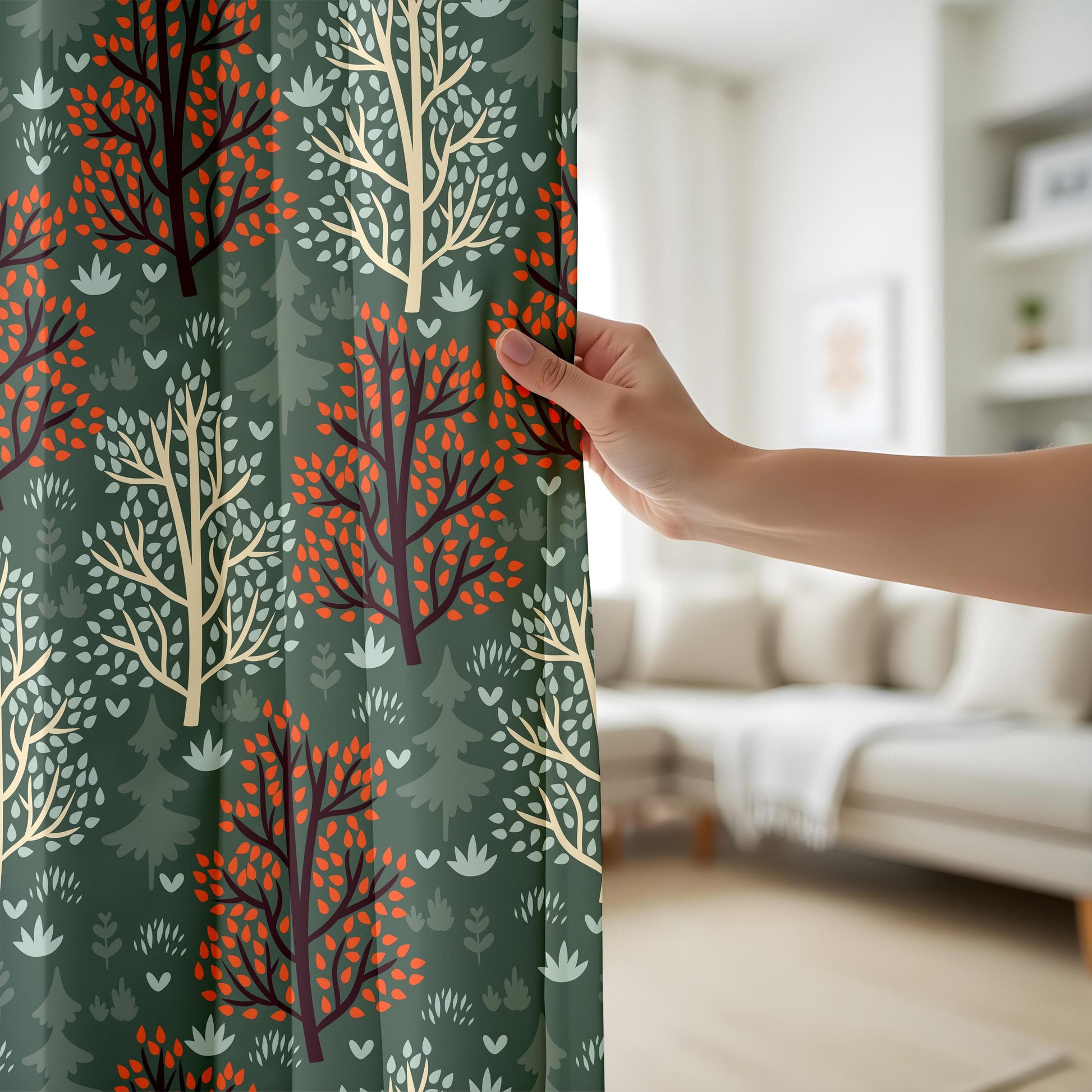 Onay Green Botanical Curtains – Autumn Tree Print Drapes for Nature-Themed Bedrooms