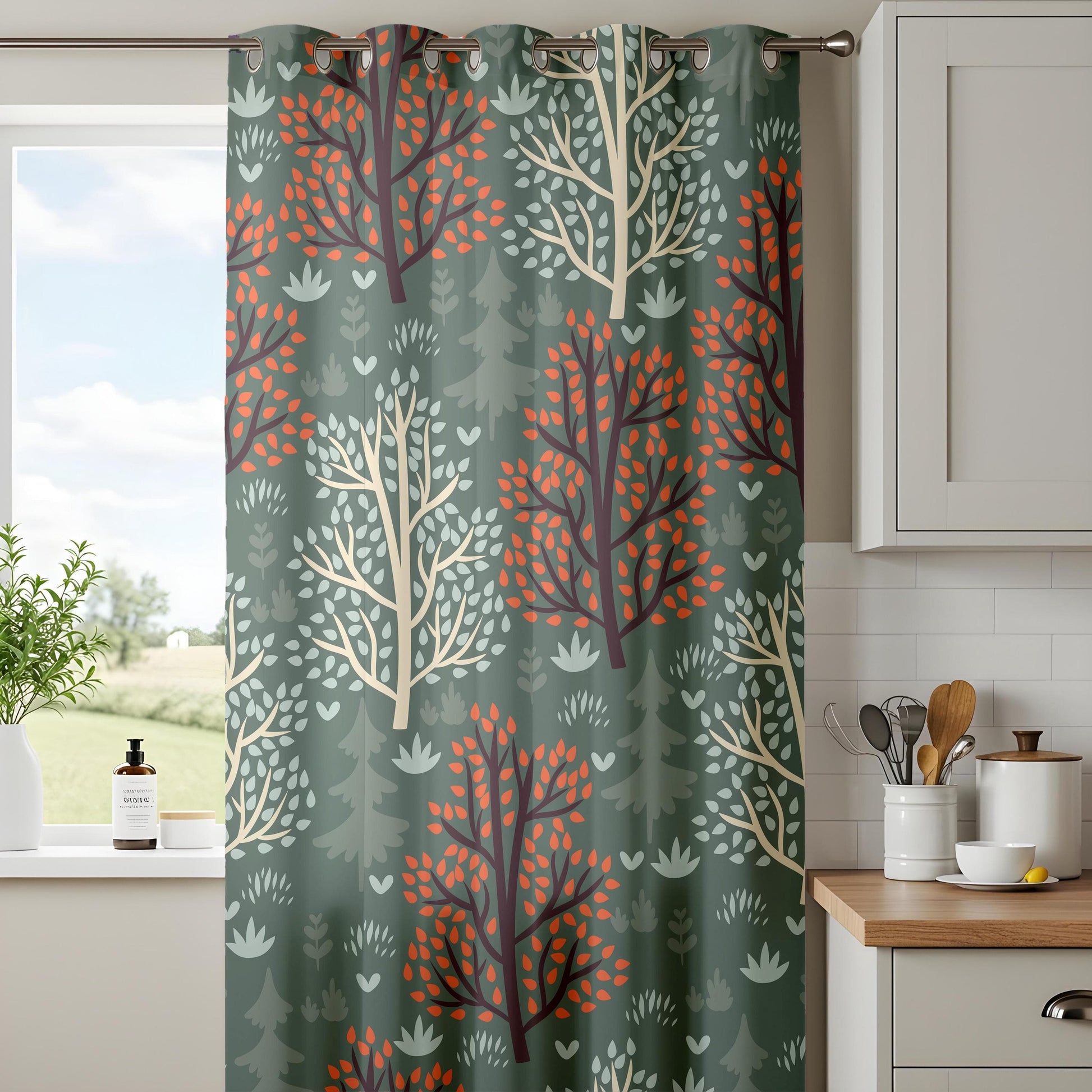 Onay Green Botanical Curtains – Autumn Tree Print Drapes for Nature-Themed Bedrooms