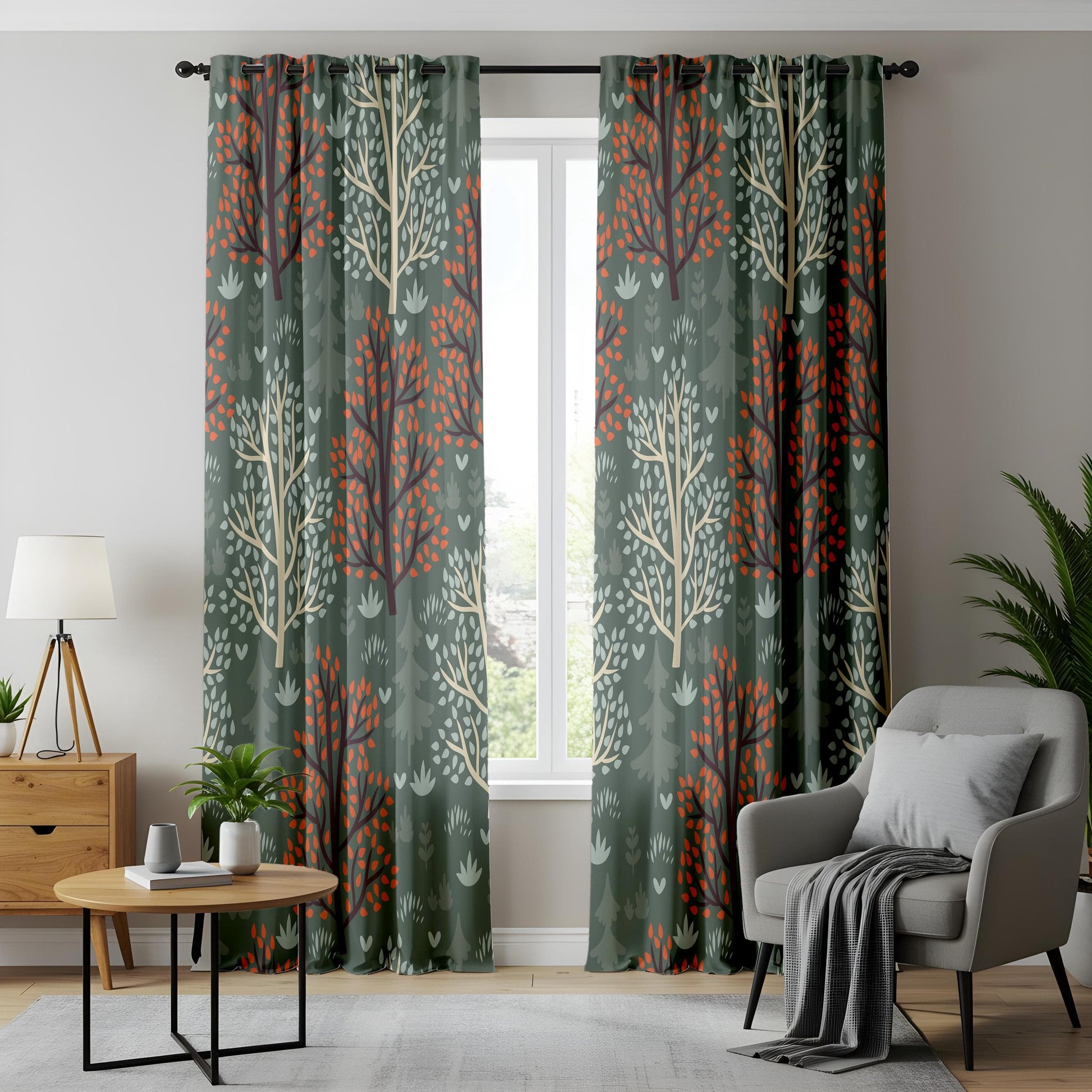 Onay Green Botanical Curtains – Autumn Tree Print Drapes for Nature-Themed Bedrooms