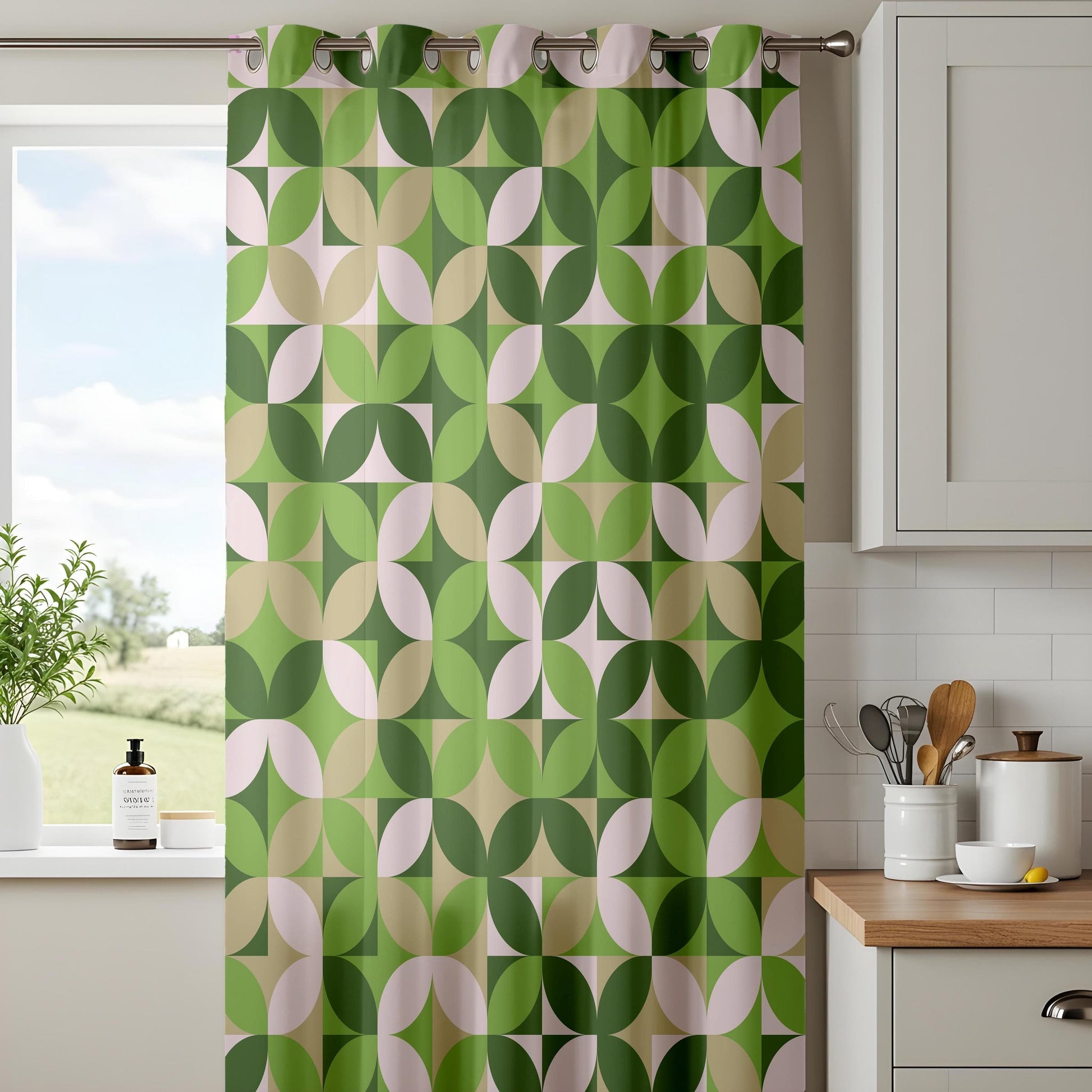 Onay Green Geometric Living Room Curtains, Mid-Century Modern Drapes