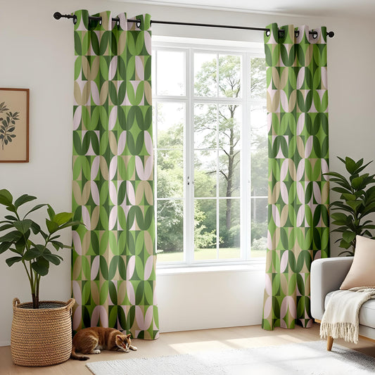 Onay Green Geometric Living Room Curtains, Mid-Century Modern Drapes