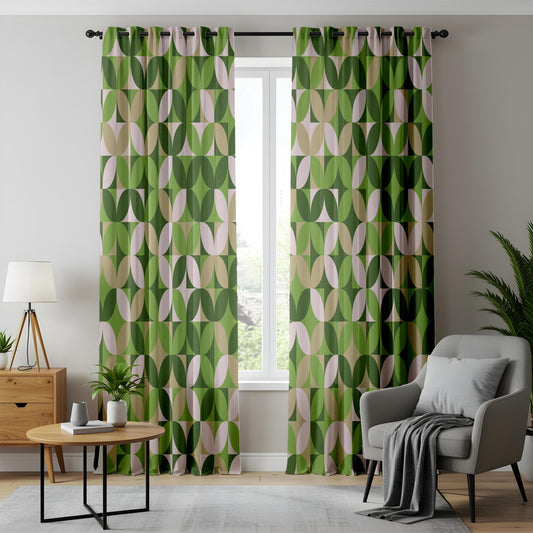 Onay Green Geometric Living Room Curtains, Mid-Century Modern Drapes