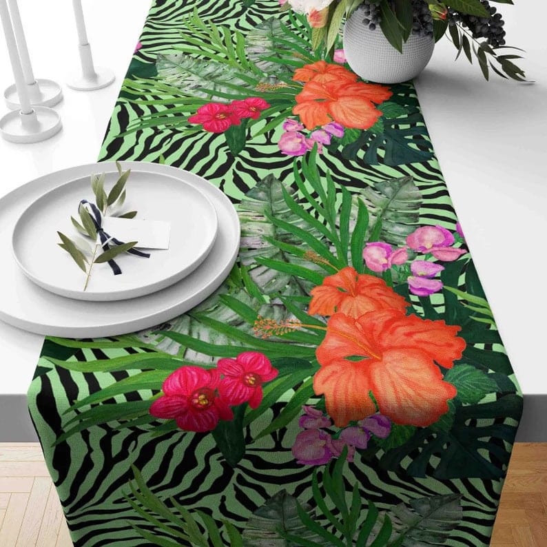 Onay Home Textile table runner 4 / 12 x 46 inch (30 x 120 cm) Green Leaves Table Runner Tropical Flower Table Cloth