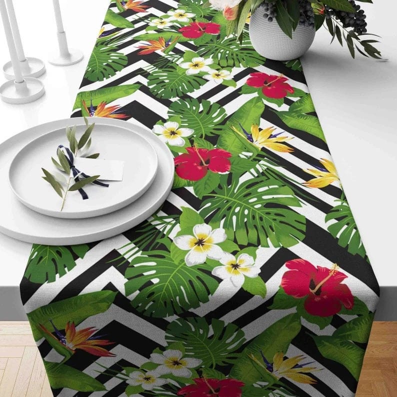 Onay Home Textile table runner 2 / 12 x 46 inch (30 x 120 cm) Green Leaves Table Runner Tropical Flower Table Cloth