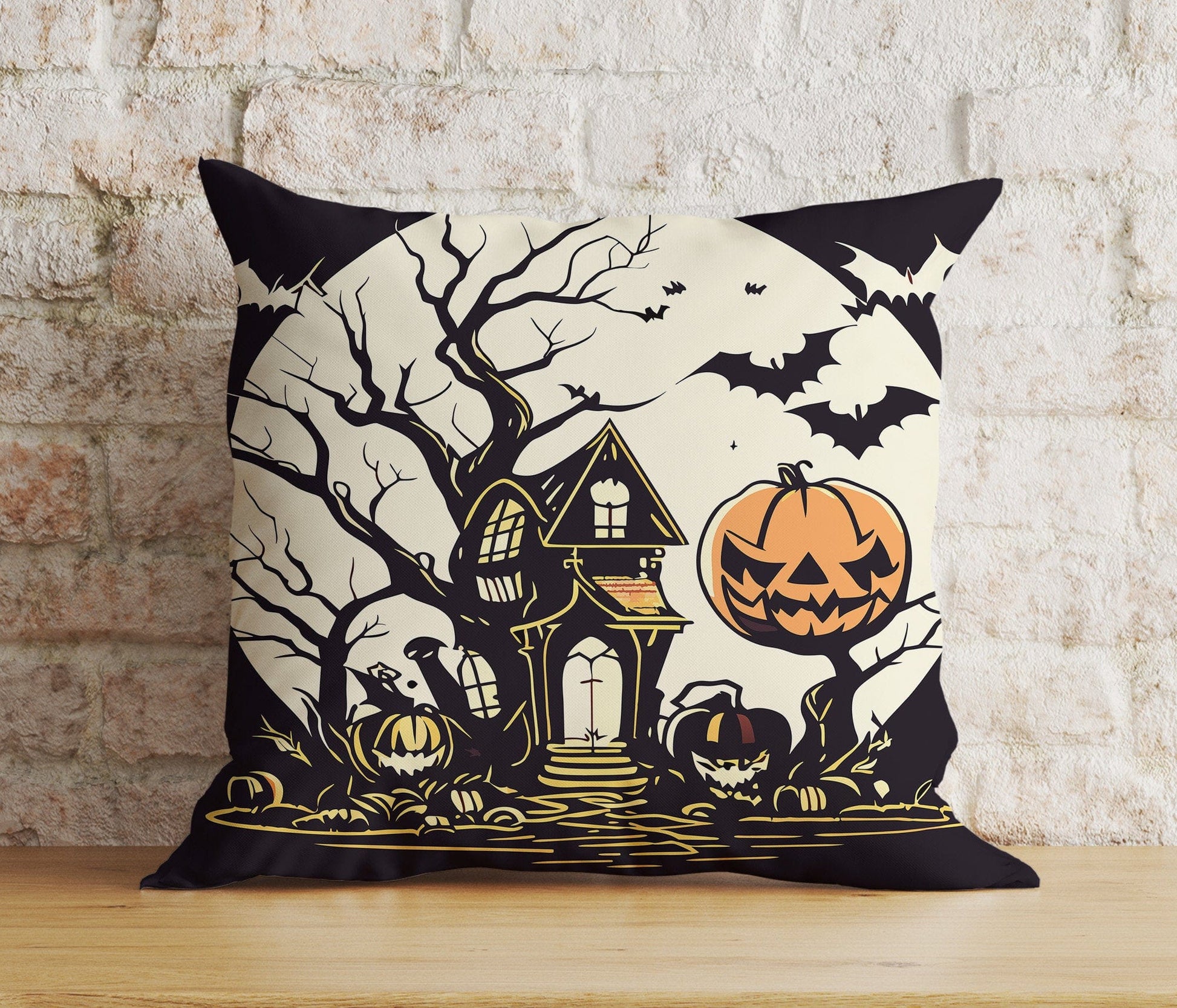 Onay 3 / 12 x 12 inch (30 x 30 cm) Double Side Halloween Carved Orange Pumpkin Spider Web Skull Cushion Cover