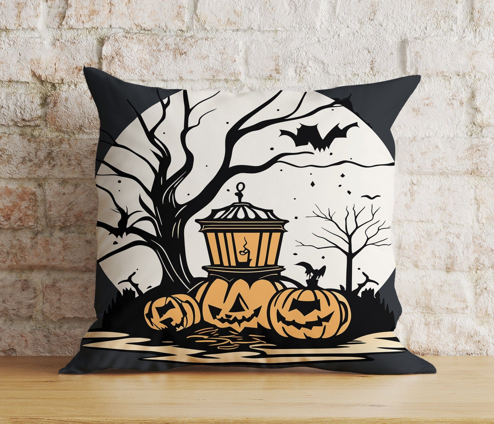 Onay 2 / 12 x 12 inch (30 x 30 cm) Double Side Halloween Carved Orange Pumpkin Spider Web Skull Cushion Cover