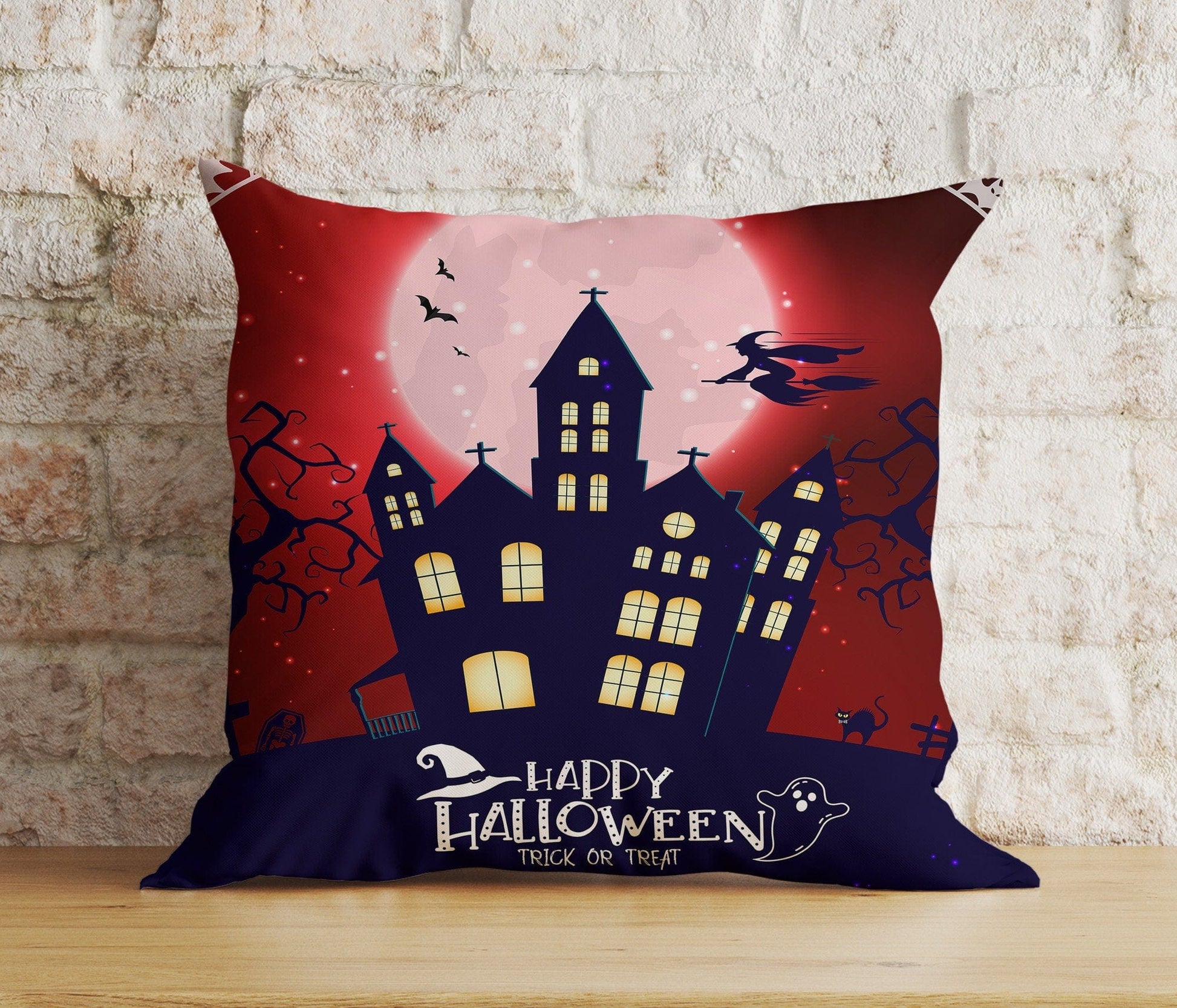 Onay 5 / 12 x 12 inch (30 x 30 cm) Double Side Halloween Castle Carved Pumpkin Trick or Treat Red Cushion Cover