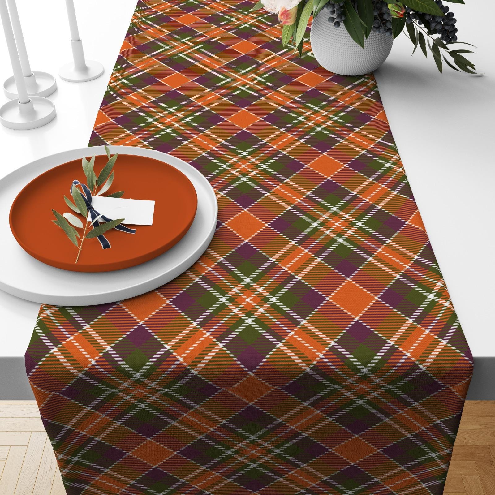 Onay Table Runner 1 / 12 x 46 inch (30 x 120 cm) Halloween Checkered Table Runner Tartan Fall Plaid Kitchen Runner Striped Table Linens