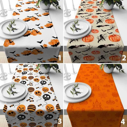 Onay Halloween Orange Carved Pumpkins and Bats Table Runner