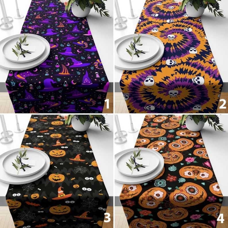 Onay Table Runner Halloween Orange Purple Black Table Linens or Tablecloth