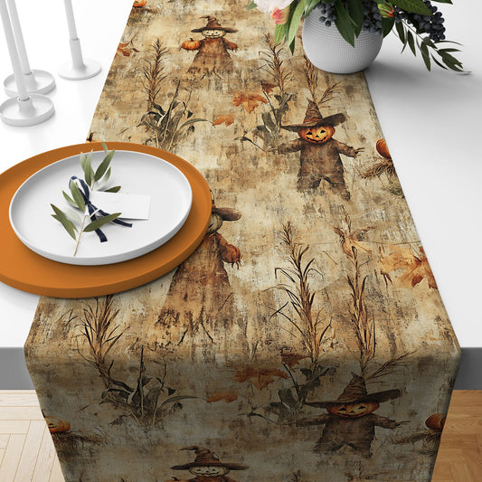 Rustic Autumn & Halloween Table Runner with Scarecrow & Pumpkin Print