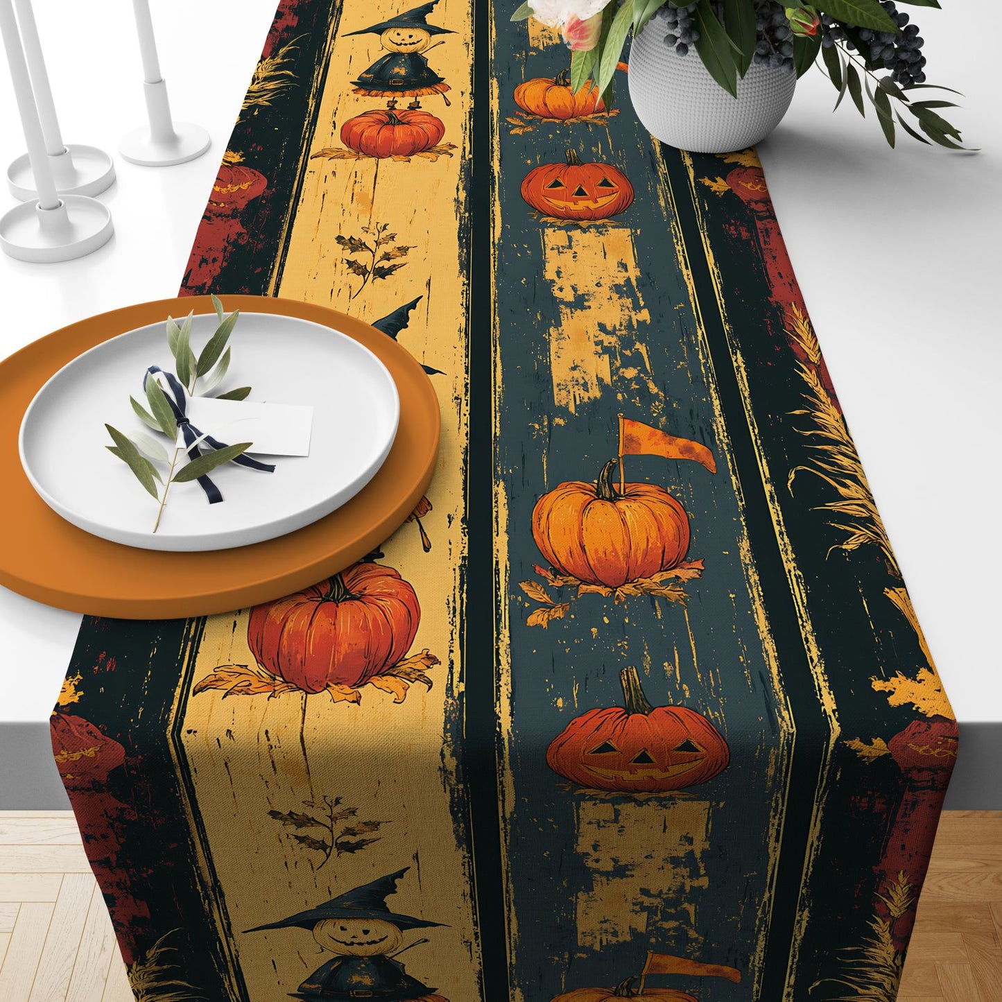 Rustic Autumn & Halloween Table Runner with Scarecrow & Pumpkin Print