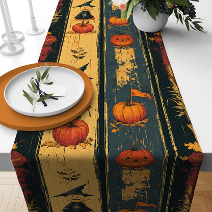 Rustic Autumn & Halloween Table Runner with Scarecrow & Pumpkin Print
