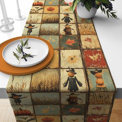 Rustic Autumn & Halloween Table Runner with Scarecrow & Pumpkin Print
