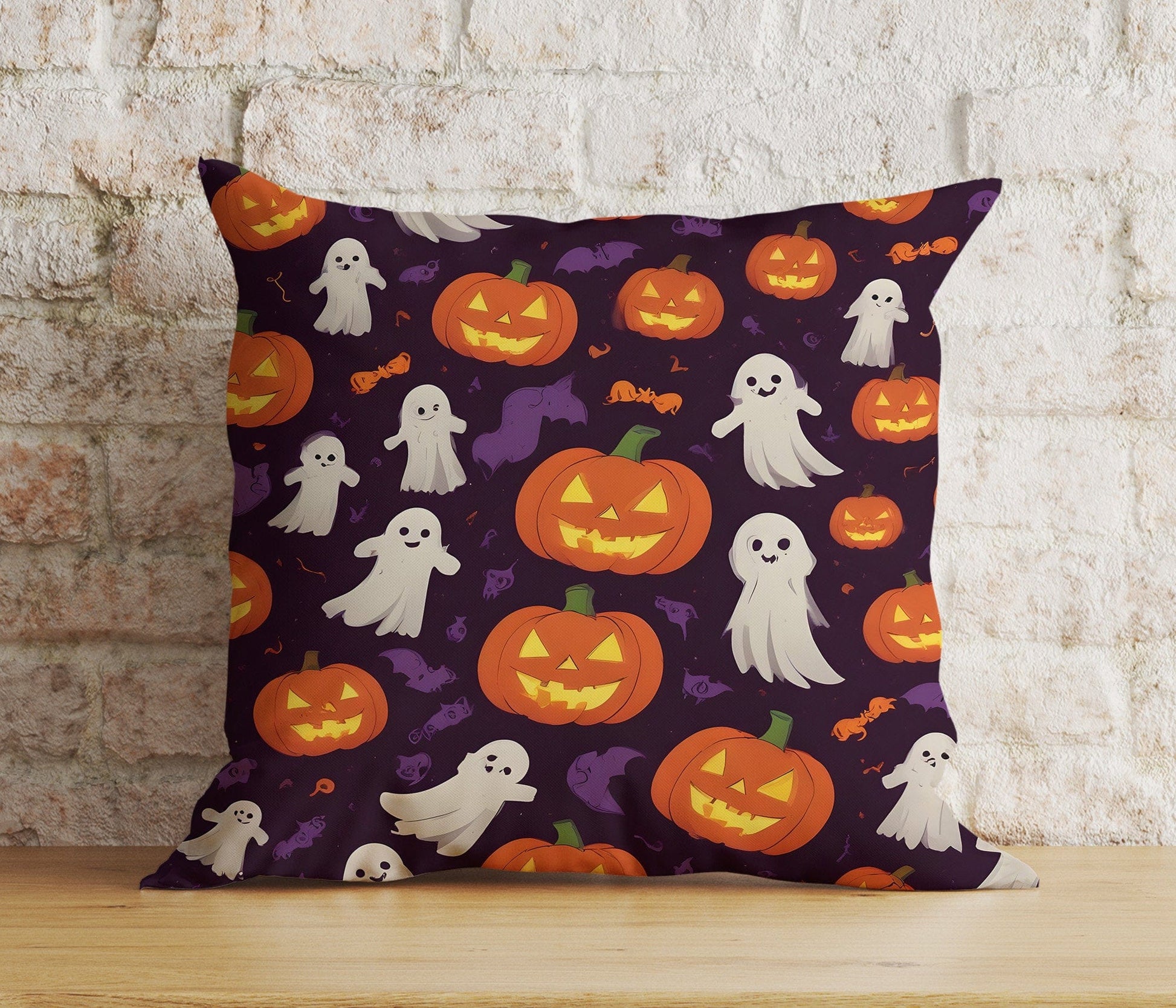Onay 3 / 12 x 12 inch (30 x 30 cm) Double Side Halloween Spooky Carved Pumpkin Ghost Bats Decor Cushion Cover