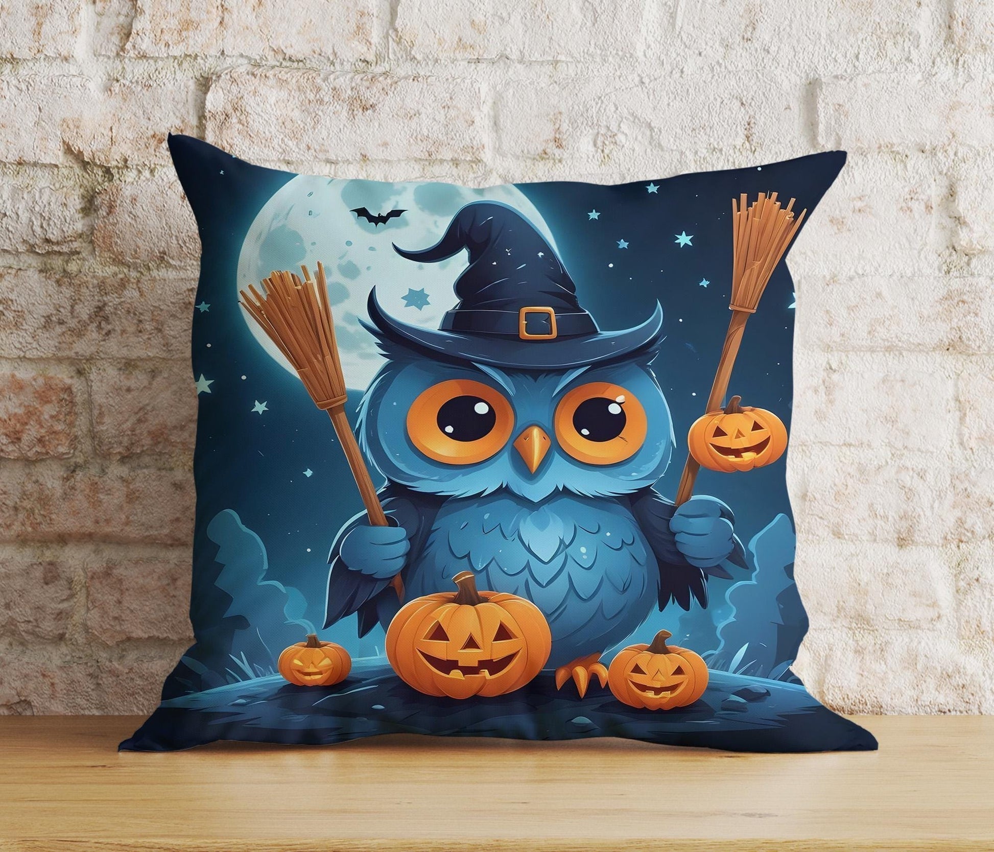 Onay 3 / 12 x 12 inch (30 x 30 cm) Double Side Happy Halloween Owl Pumpkin and Full Moon Cushion Cover