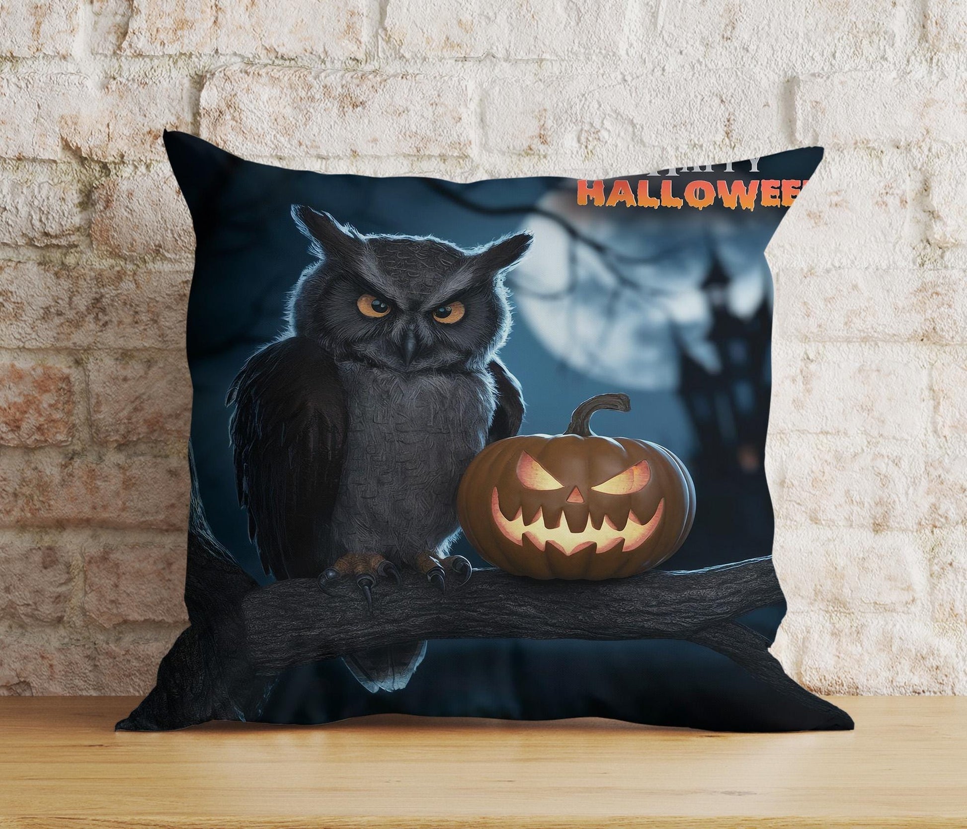Onay 5 / 12 x 12 inch (30 x 30 cm) Double Side Happy Halloween Owl Pumpkin and Full Moon Cushion Cover