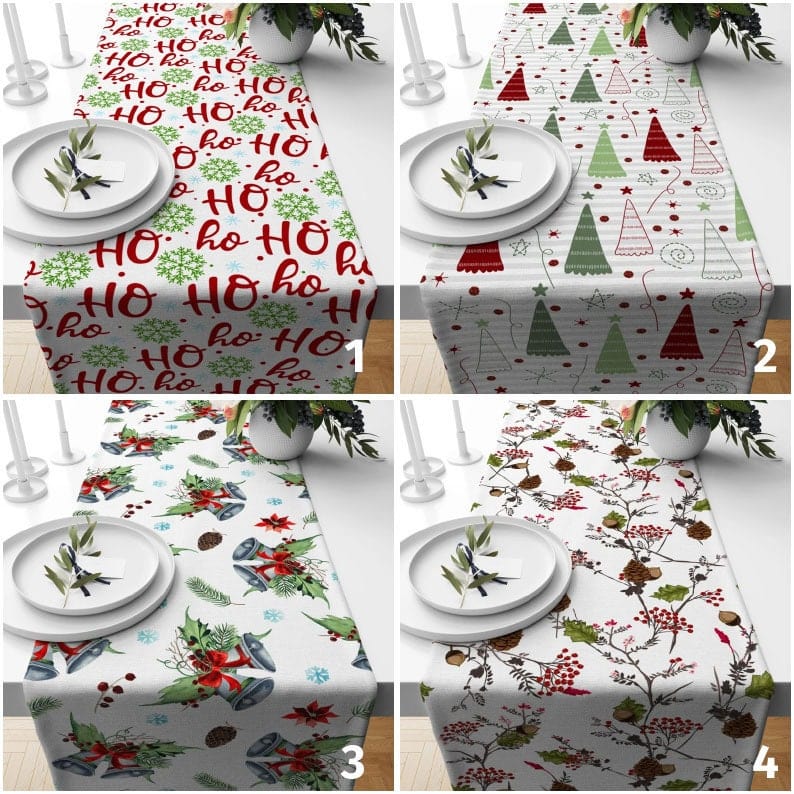 Onay Ho Ho Ho Christmas Pine Tree Green & Red Table Runner