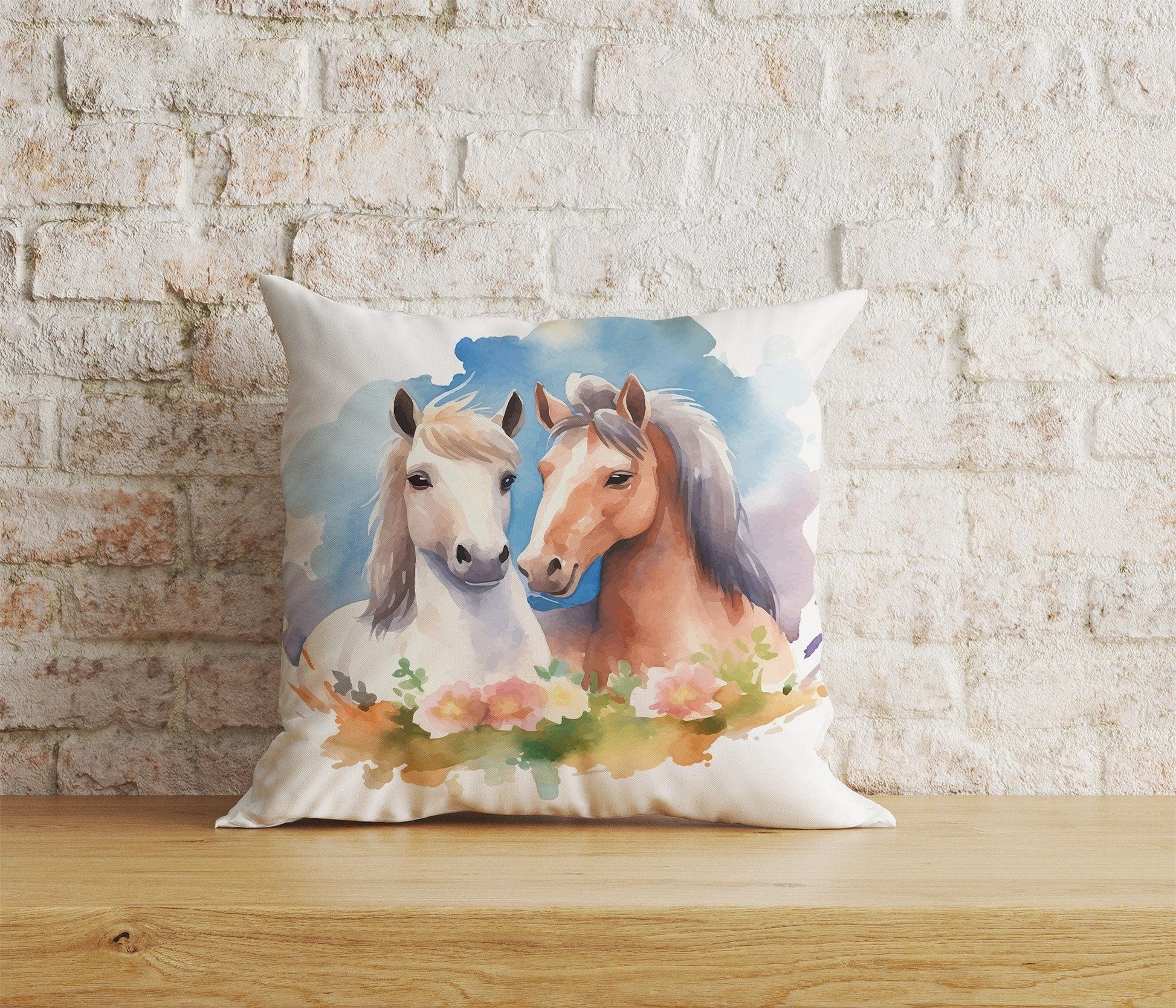 Onay Home Textile Cushion Covers 9 / 12 x 12 inch (30 x 30 cm) Double Side Horse Floral Pillow Cover White & Brown Horse Cushion Cover