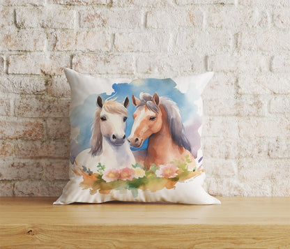 Onay Home Textile Cushion Covers 9 / 12 x 12 inch (30 x 30 cm) Double Side Horse Floral Pillow Cover White & Brown Horse Cushion Cover