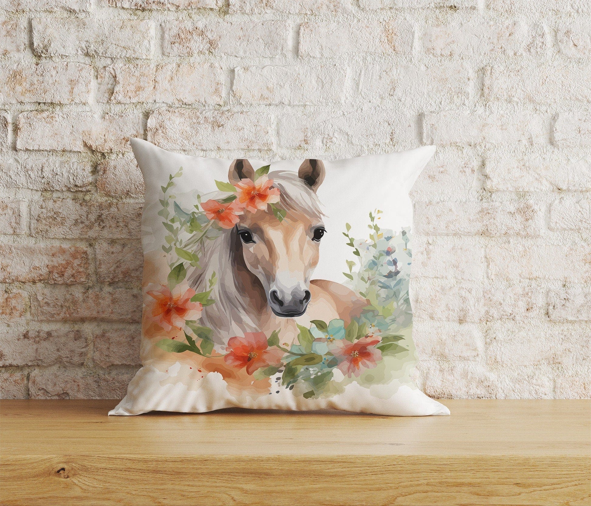 Onay Home Textile Cushion Covers 8 / 12 x 12 inch (30 x 30 cm) Double Side Horse Floral Pillow Cover White & Brown Horse Cushion Cover