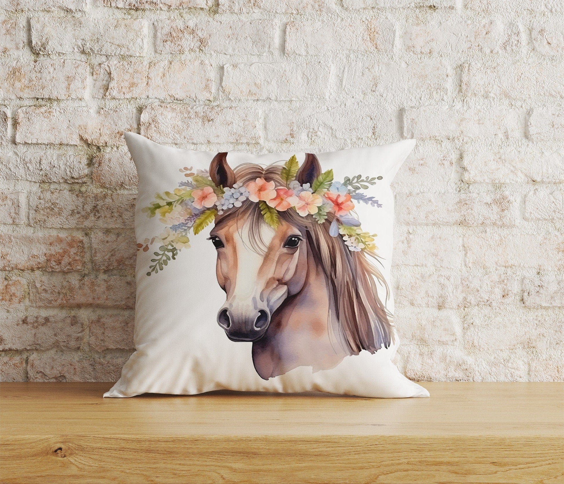Onay Home Textile Cushion Covers 6 / 12 x 12 inch (30 x 30 cm) Double Side Horse Floral Pillow Cover White & Brown Horse Cushion Cover