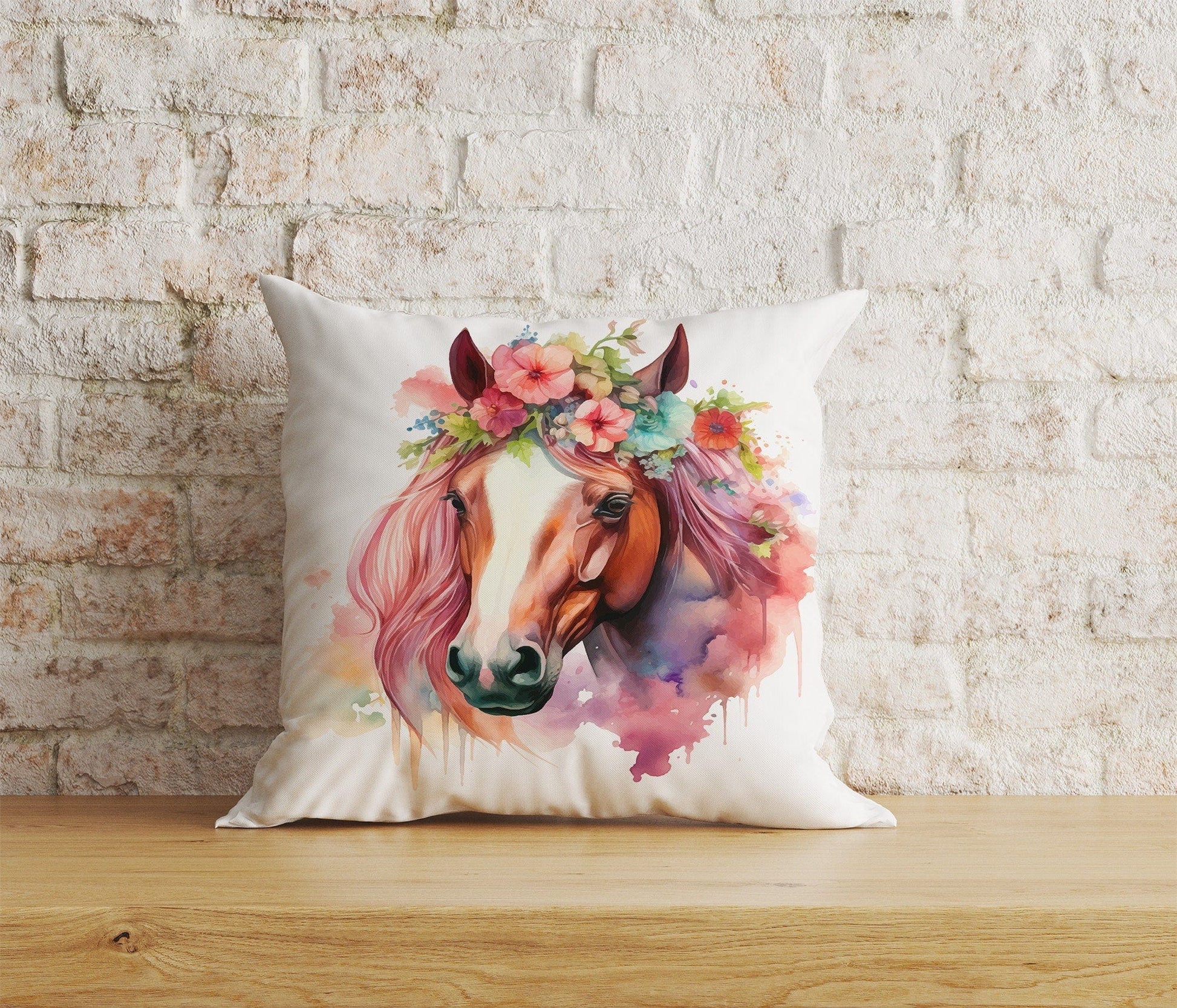 Onay Home Textile Cushion Covers 5 / 12 x 12 inch (30 x 30 cm) Double Side Horse Floral Pillow Cover White & Brown Horse Cushion Cover