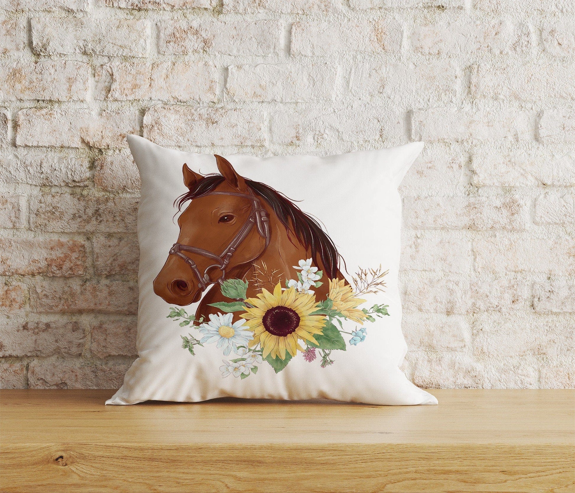 Onay Home Textile Cushion Covers 3 / 12 x 12 inch (30 x 30 cm) Double Side Horse Floral Pillow Cover White & Brown Horse Cushion Cover