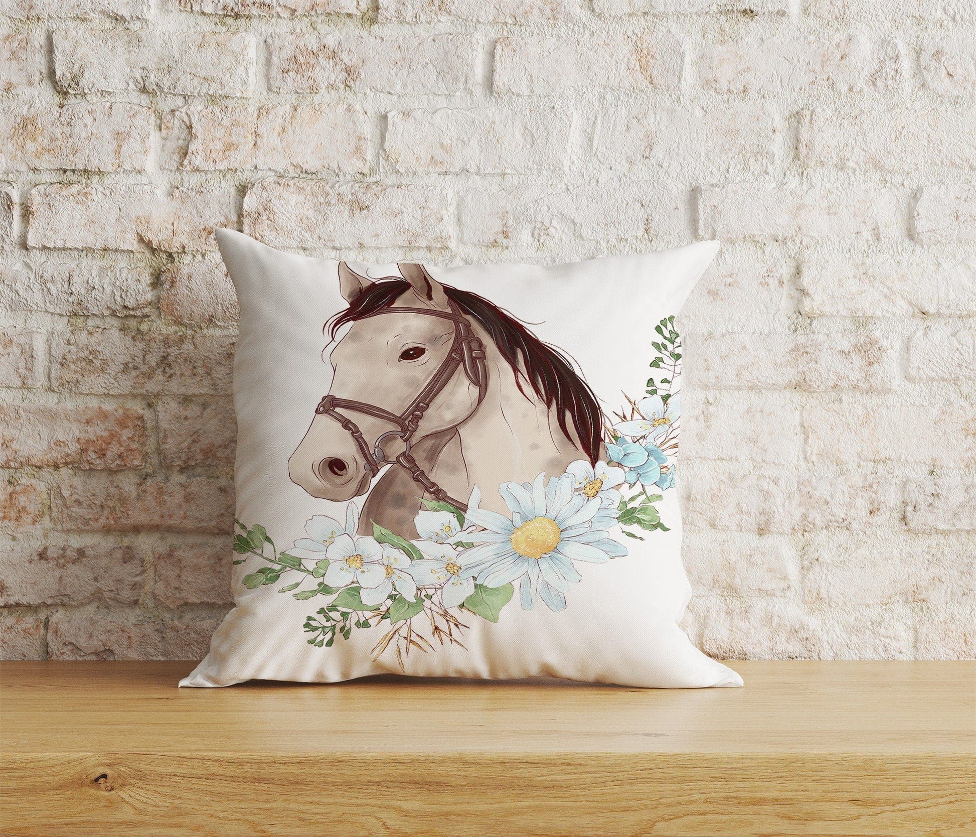 Onay Home Textile Cushion Covers 2 / 12 x 12 inch (30 x 30 cm) Double Side Horse Floral Pillow Cover White & Brown Horse Cushion Cover