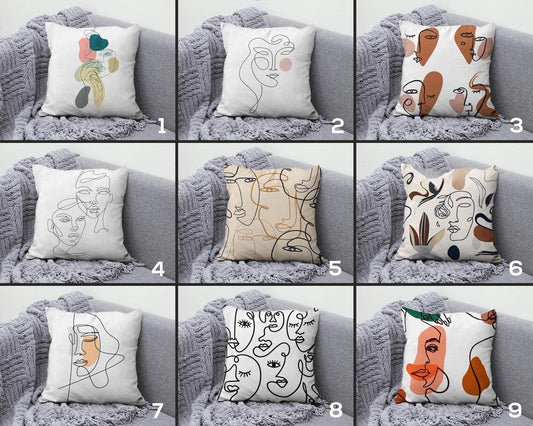 Bohem Style Cushion Cover Abstract Faces Throw Line Art Face Pillow Covers