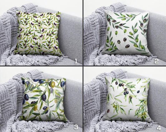 Olive Branch and Olive Tree Green Blue White Cushion Cover