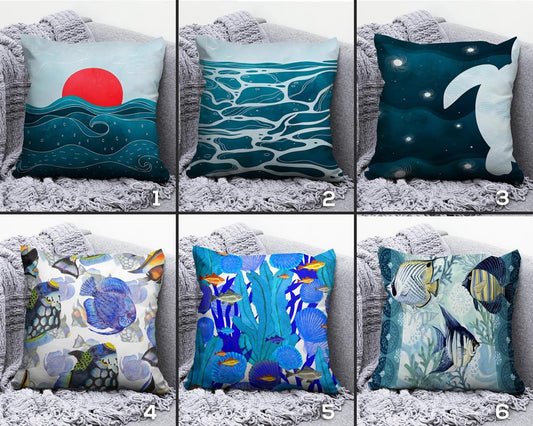 Blue Sea and Turtle Ocean Life Decorative Cushion Cover