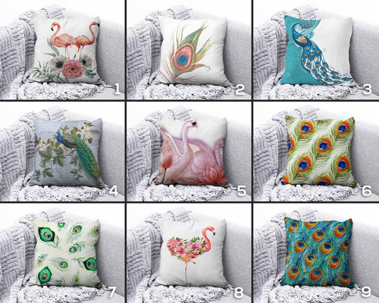 Flamingo and Peafowl Farmhouse Decor Cushion Cover