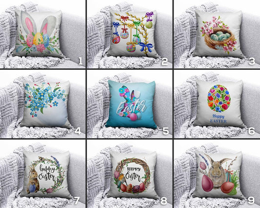 Happy Easter Spring Bunny Painted Eggs Cushion Cover