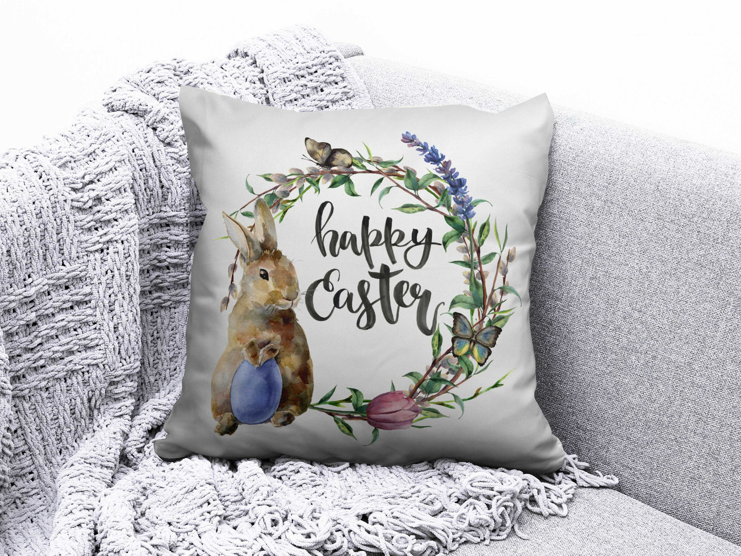 Happy Easter Spring Bunny Painted Eggs Cushion Cover