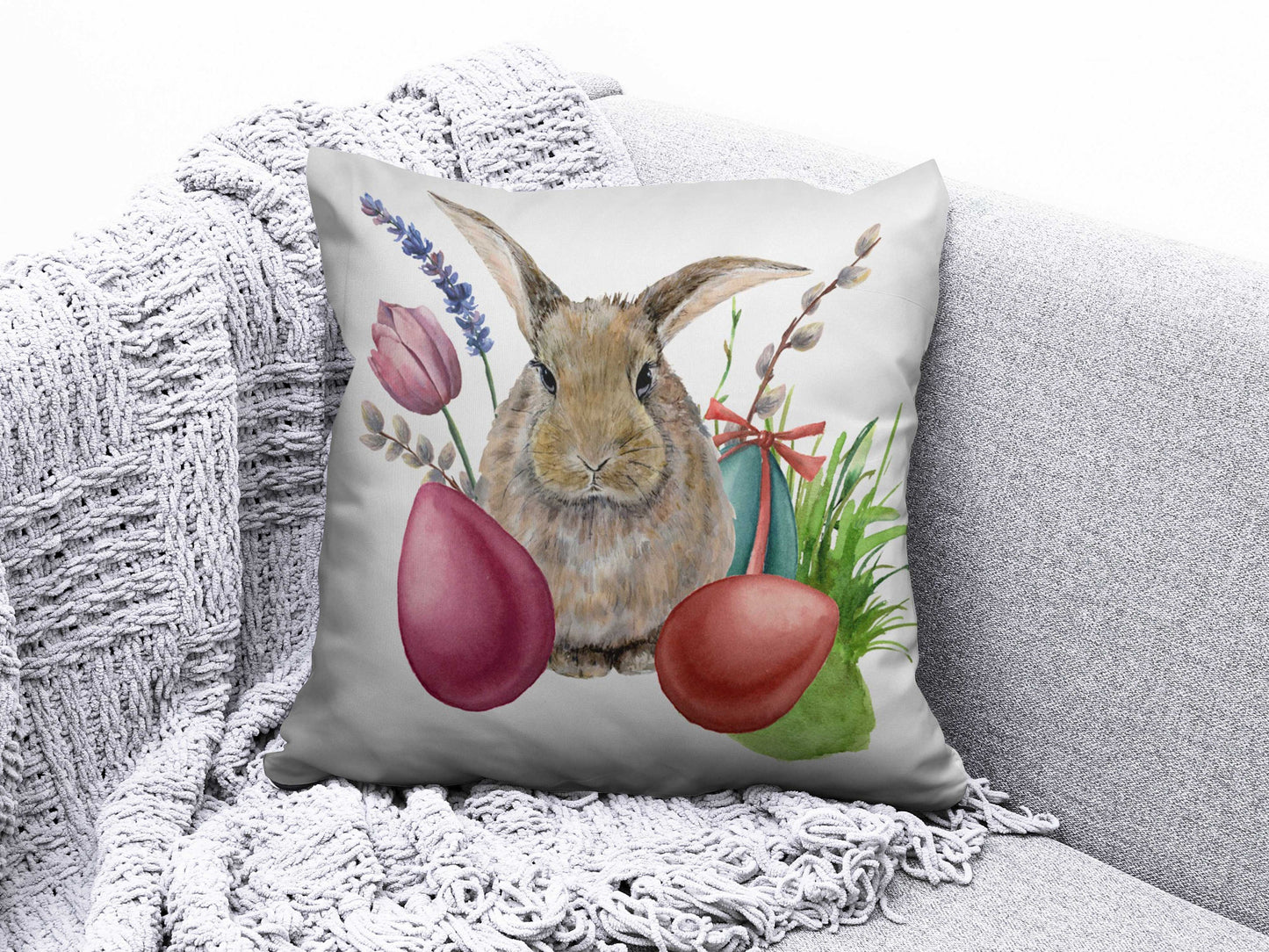 Happy Easter Spring Bunny Painted Eggs Cushion Cover