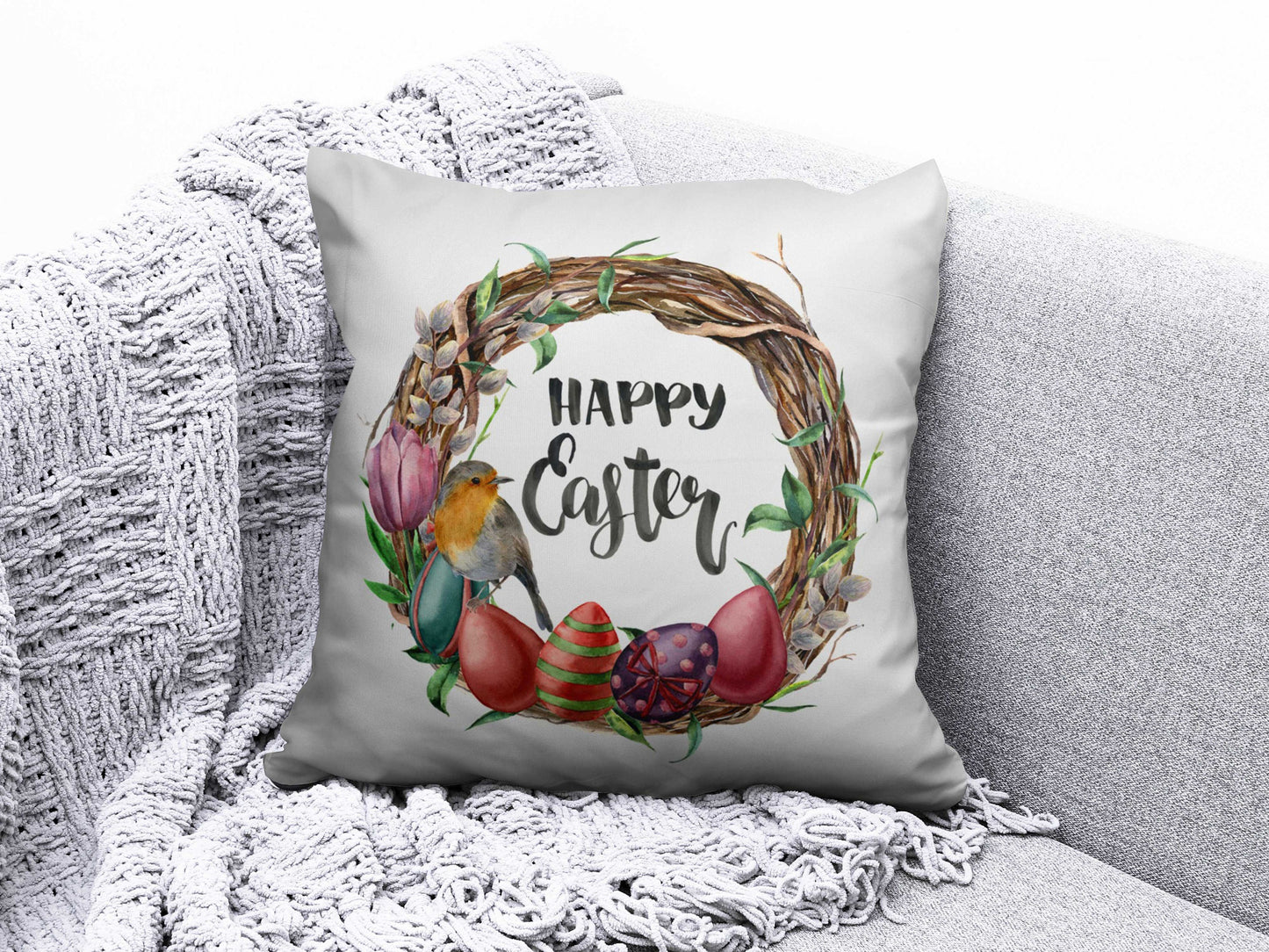 Happy Easter Spring Bunny Painted Eggs Cushion Cover