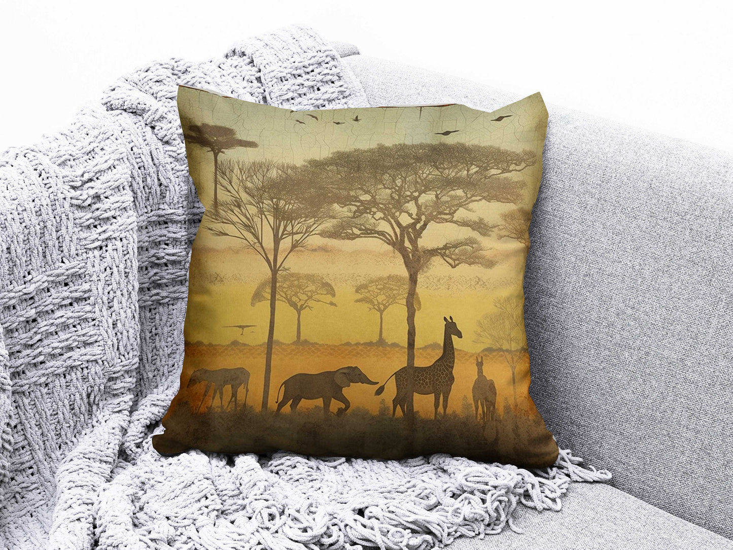 Safari Giraffe Family and Elephant Decor Cushion Cover